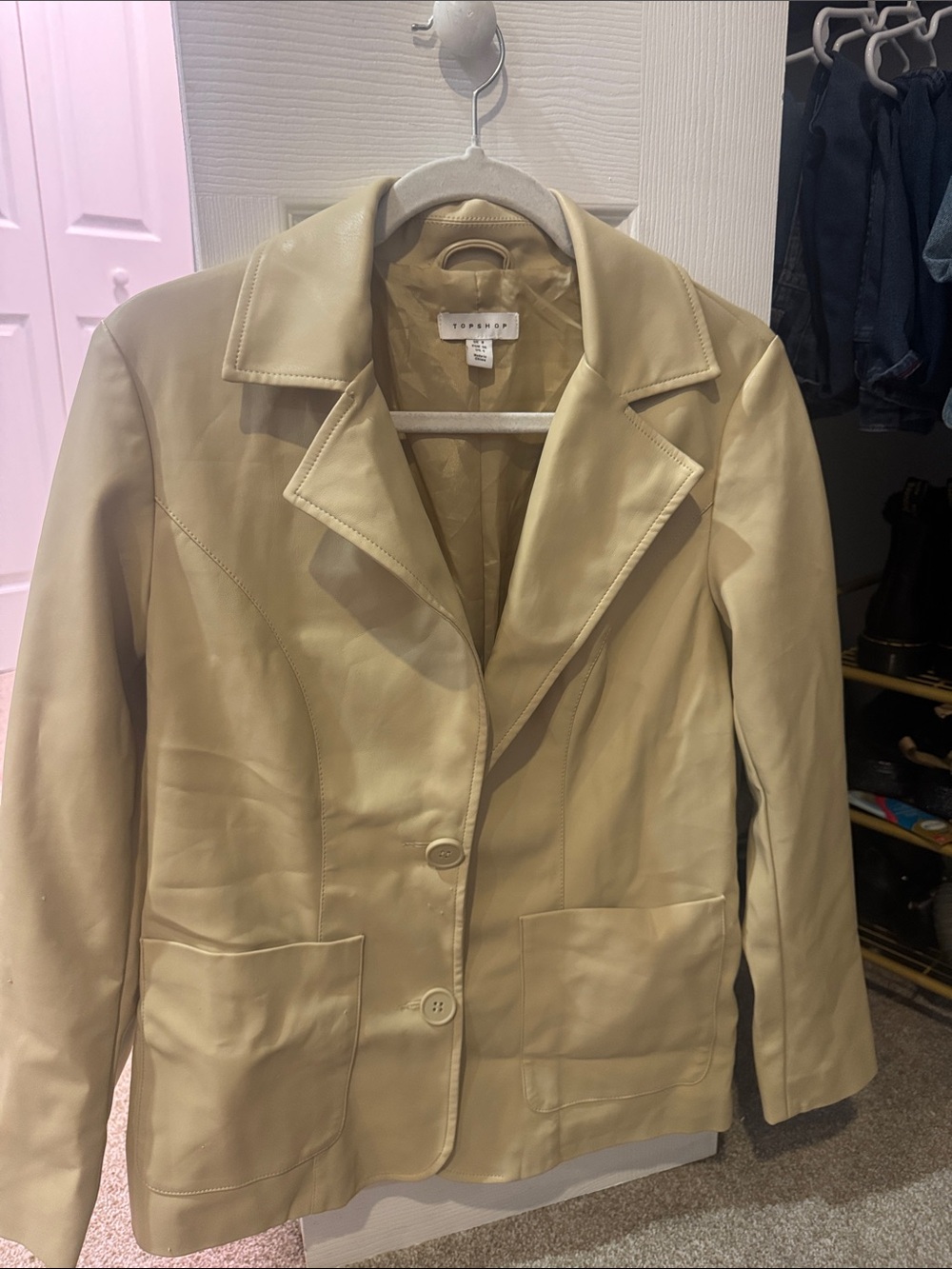 Topshop Cream Leather Blazer Jacket with Patch Pockets